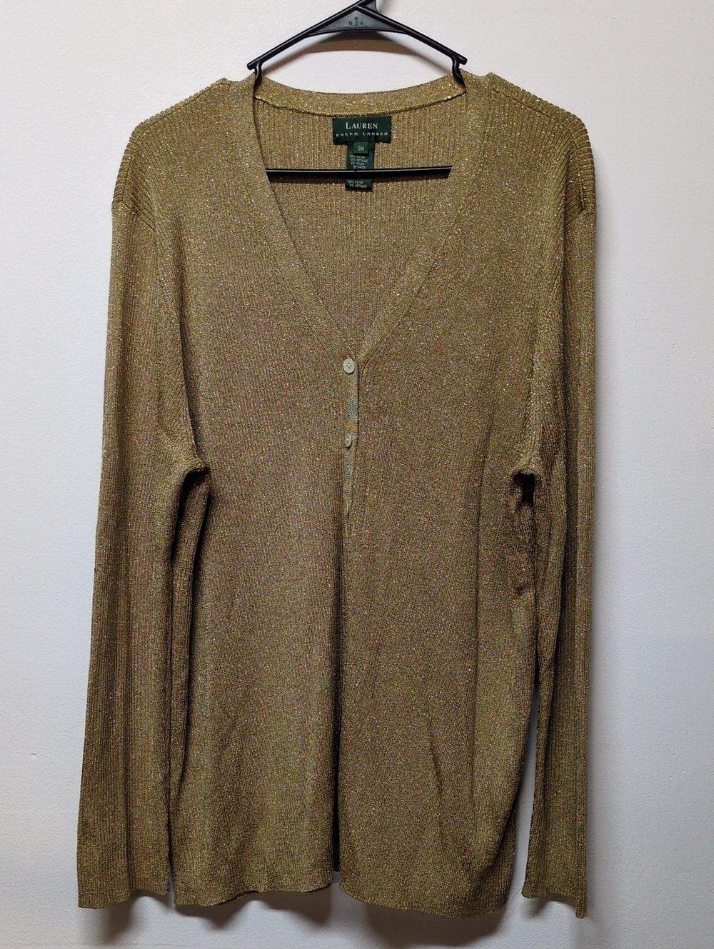 Vintage Lauren Ralph Lauren Gold Metallic V-Neck Cardigan Sweater, Size 3X